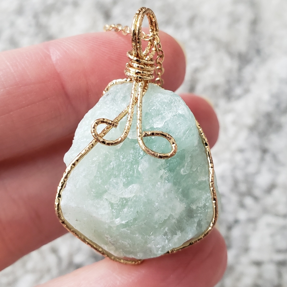 Gold Wire-Wrapped Mint Green Natural Calcite Pendant Necklace